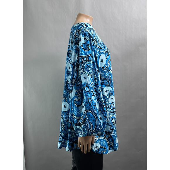 Talbots Plus Top Women 2X Blue Floral Print Popover Blouse Puff Sleeve Viscose - Picture 6 of 10